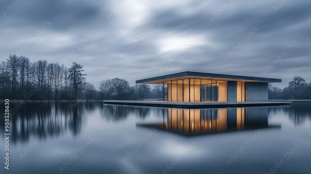 Obraz premium Modern Pavilion Reflecting on a Tranquil Lake