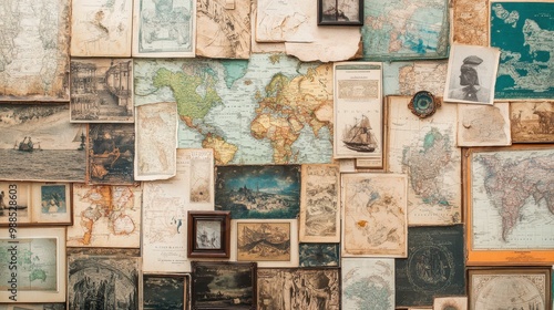 Vintage Exploratory World Map and Antique Imagery Adventure Display