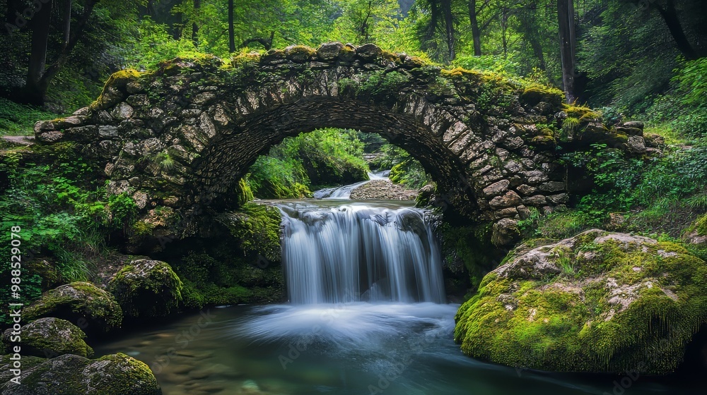Stone Bridge Over a Tranquil Waterfall in a Lush Forest Stone Bridge Over a Tranquil Waterfall in a Lush Forest