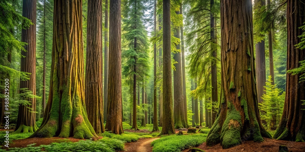 Obraz premium The scent of damp earth and pine fills the air as the forest of towering cedar trees surrounds,