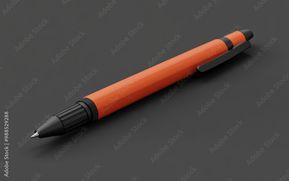 A close-up view of an orange ballpoint pen resting on a dark surface, showcasing its design and functionality. A close-up view of an orange ballpoint pen resting on a dark surface, showcasing its design and functionality.