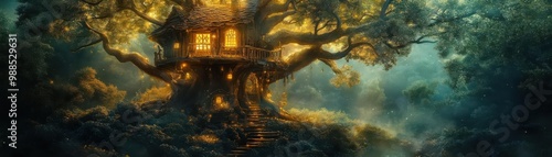 Enchanted treehouse in a magical forest, fantasy, rich colors, digital illustration photo