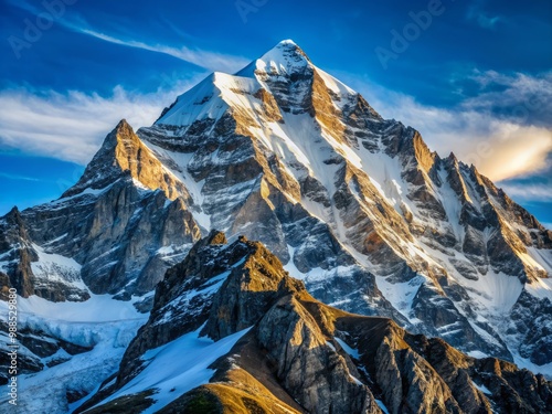 The snow-capped mountain rises steeply from the earth, its rugged terrain and icy slopes a striking contrast to photo