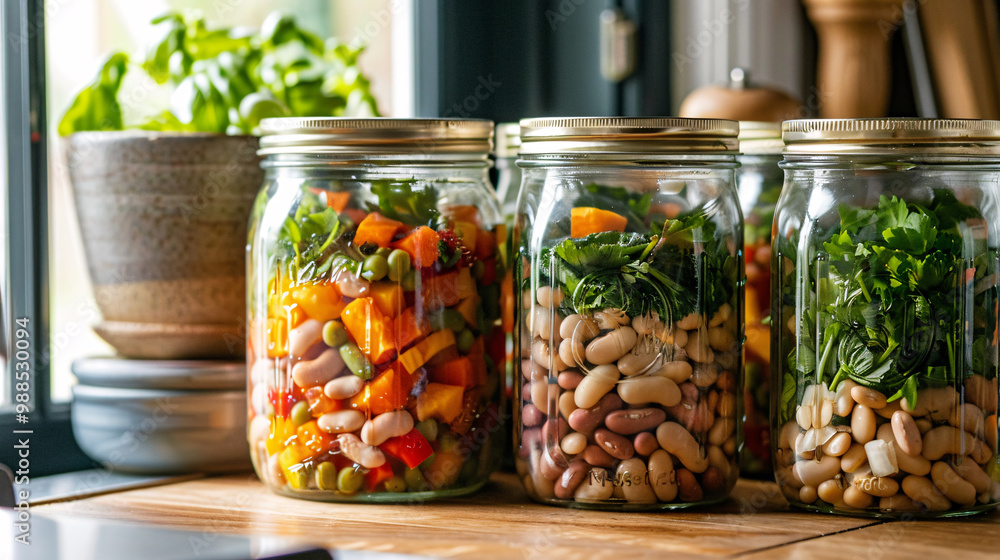 Mason jars filled with layered bean soup. Country kitchen windowsill background. Mason jars filled with layered bean soup. Country kitchen windowsill background.