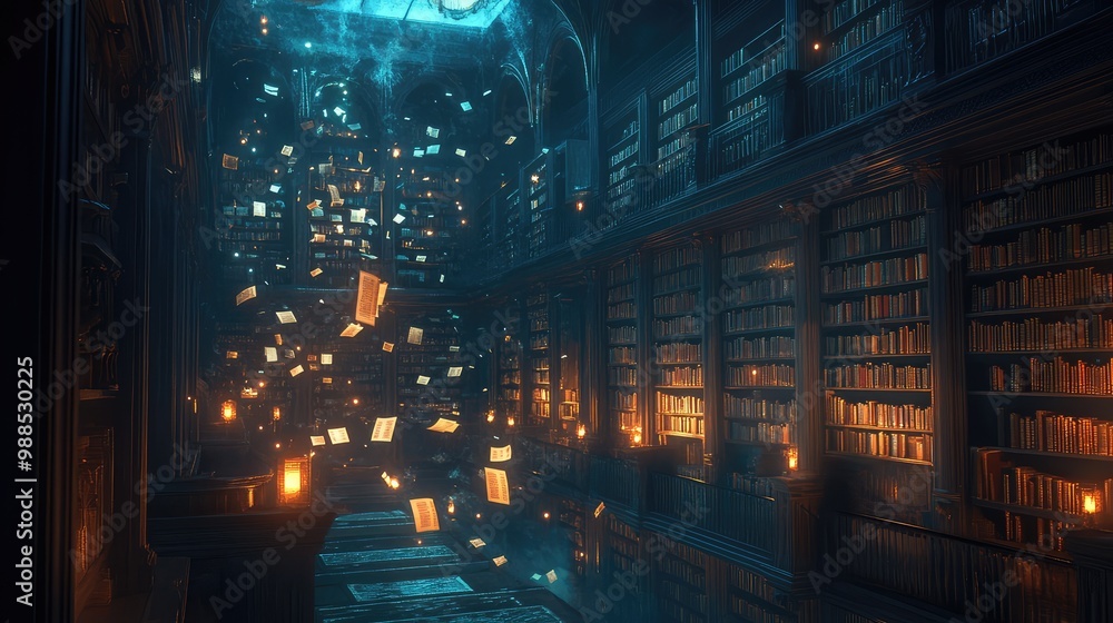 A labyrinthine library with endless shelves of glowing books, the air filled with floating pages and magical energy. A labyrinthine library with endless shelves of glowing books, the air filled with floating pages and magical energy.