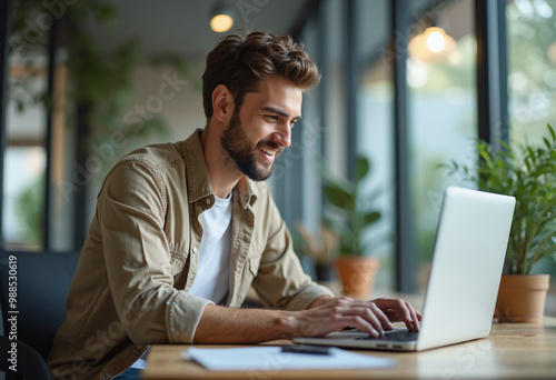 Young man working in office. Male in casual clothing typing on a laptop. Blurred background.