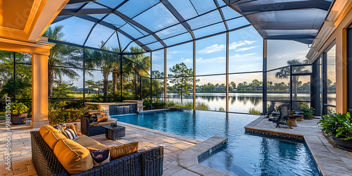 Florida luxury mansion lanai patio on the waterfront with screened in pool, exterior home design