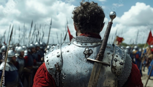 Man wearing Medieval Knights armor with heavy iron helmet