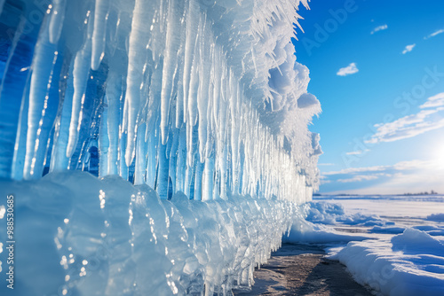 Eiskristalle, Eiszapfen an einem kalten Wintertag, Generative AI photo