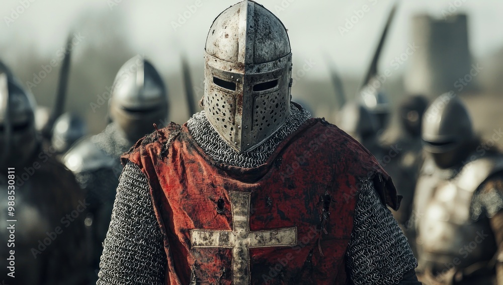 Man wearing Medieval Knights armor with heavy iron helmet Man wearing Medieval Knights armor with heavy iron helmet