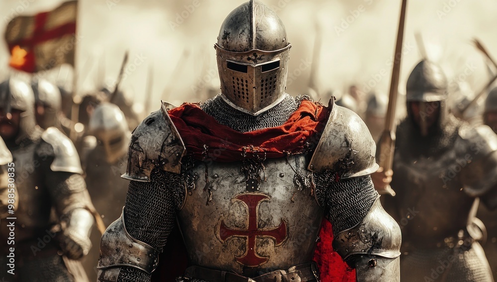 Man wearing Medieval Knights armor with heavy iron helmet Man wearing Medieval Knights armor with heavy iron helmet