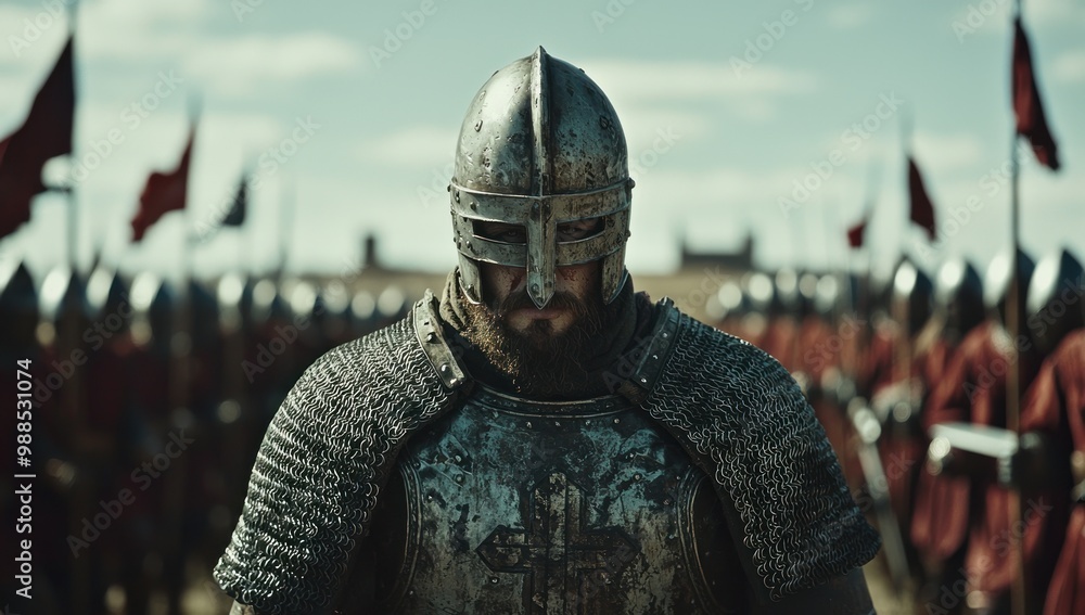 Man wearing Medieval Knights armor with heavy iron helmet Man wearing Medieval Knights armor with heavy iron helmet