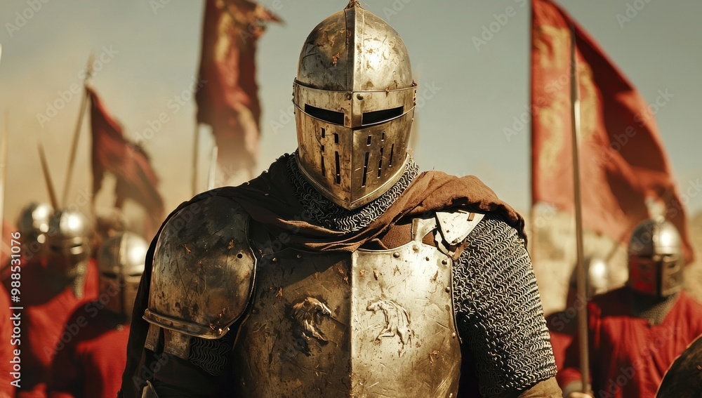 Man wearing Medieval Knights armor with heavy iron helmet Man wearing Medieval Knights armor with heavy iron helmet