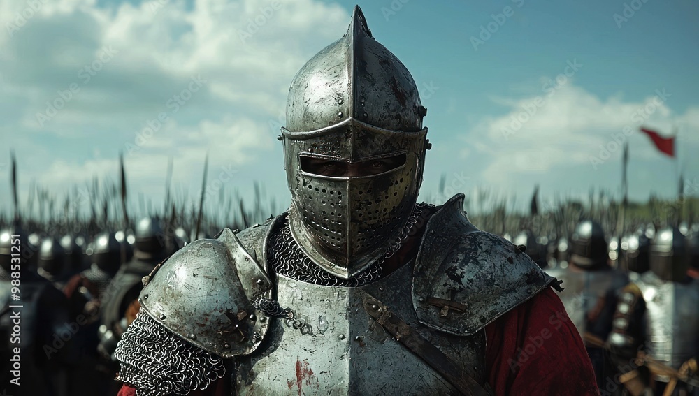 Man wearing Medieval Knights armor with heavy iron helmet Man wearing Medieval Knights armor with heavy iron helmet