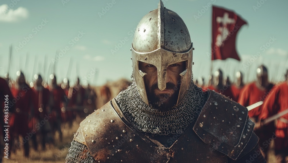 Man wearing Medieval Knights armor with heavy iron helmet Man wearing Medieval Knights armor with heavy iron helmet