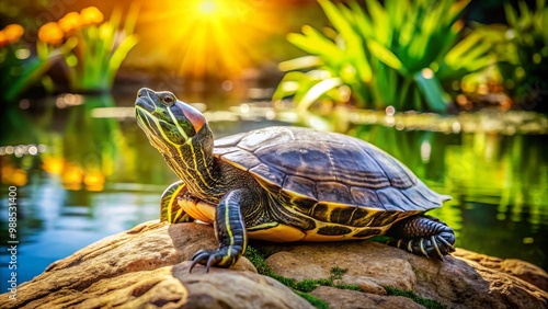 The weathered turtle dozes on the sun-warmed rock, its aged shell glistening with dew, while gentle ripples disturb photo