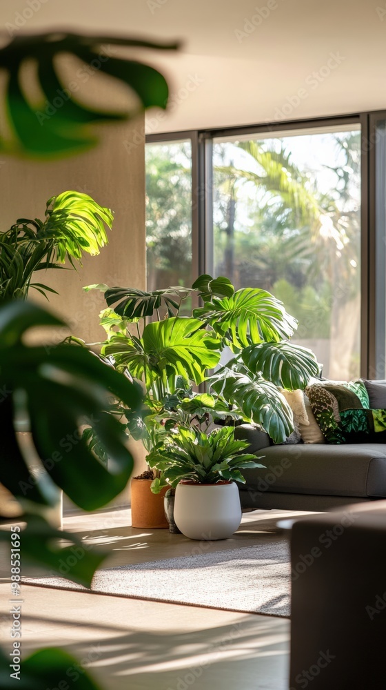 A modern living room filled with lush potted plants like monsteras, ferns, and succulents, sunlight streaming in through large windows A modern living room filled with lush potted plants like monsteras, ferns, and succulents, sunlight streaming in through large windows