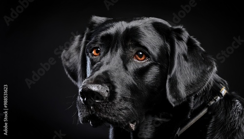 Black dog portrait with dark background, expressive look. Pet photography concept.