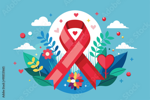 A vibrant illustration features a red ribbon surrounded by flowers and hearts, symbolizing compassion and awareness for World AIDS Day.