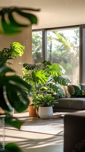 A modern living room filled with lush potted plants like monsteras, ferns, and succulents, sunlight streaming in through large windows