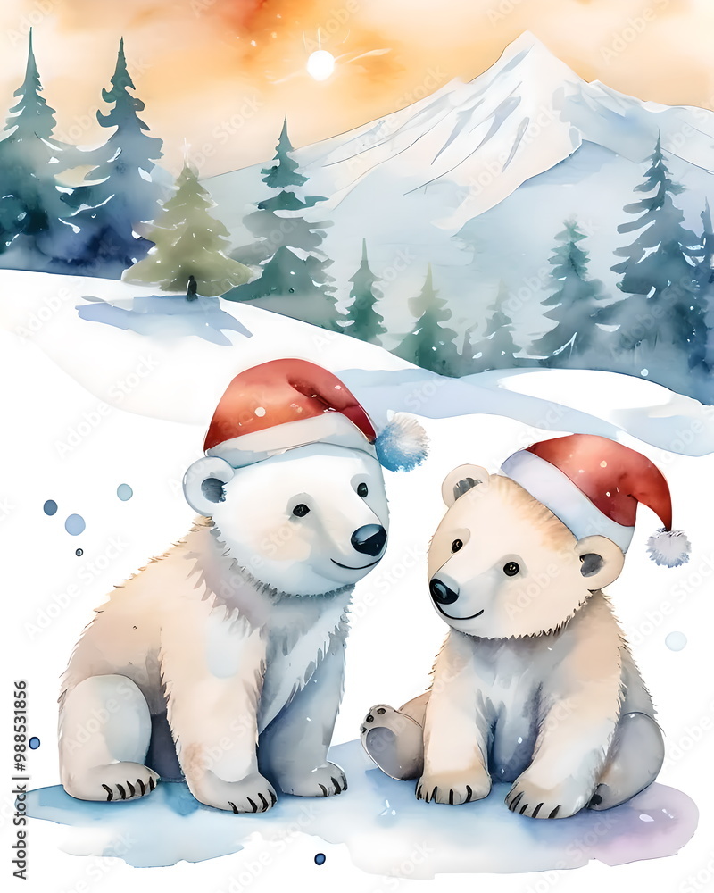 Christmas card happy Polar bears watercolor style Christmas card happy Polar bears watercolor style