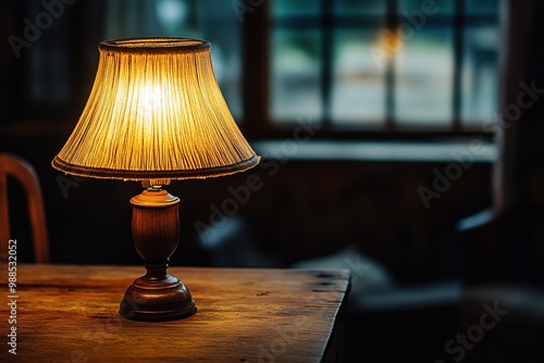 Cozy table lamp lit in a dark room