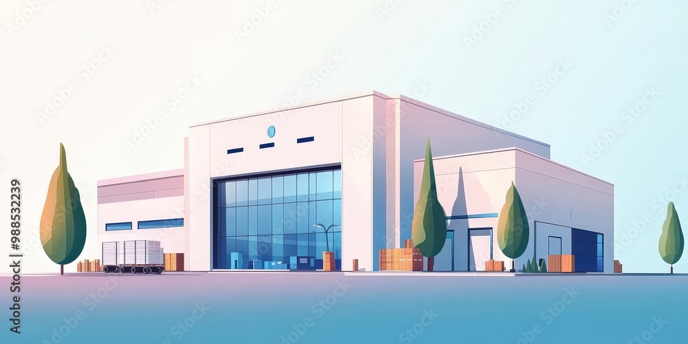 This is a modern warehouse building with trees in front. This is a modern warehouse building with trees in front.