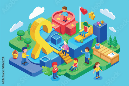 A vibrant isometric scene depicts various characters participating in joyful activities to celebrate World Down Syndrome Day.