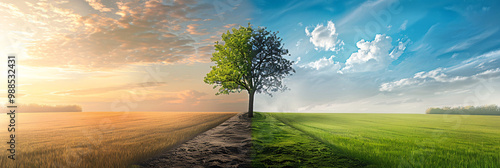 Meadow with rich and green grass on one side and dusty ground on the other and featuring one isolated tree and split screen demonstrating seasonal differences 