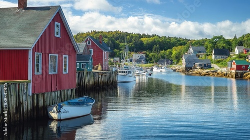 Idyllic Coastal Village with Fishing Boats and Colorful Wooden Houses