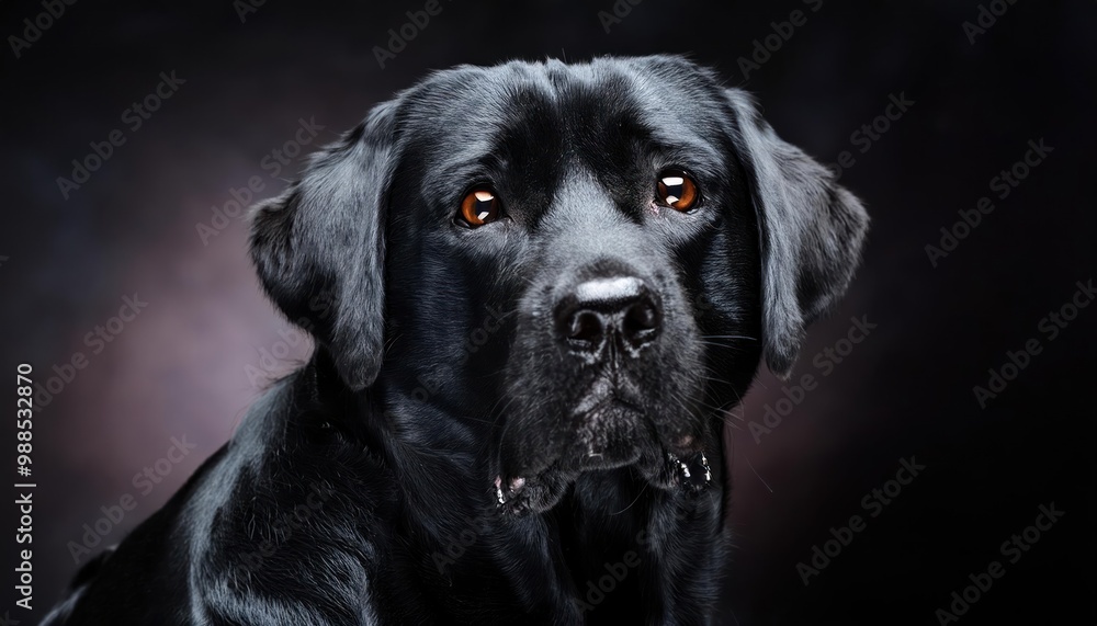 Black dog portrait with dark background, expressive look. Pet photography concept. Black dog portrait with dark background, expressive look. Pet photography concept.