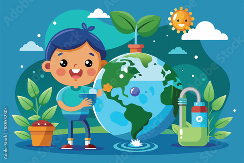 A joyful child engages with a globe featuring water elements, surrounded by greenery, highlighting the importance of water conservation on World Water Day.