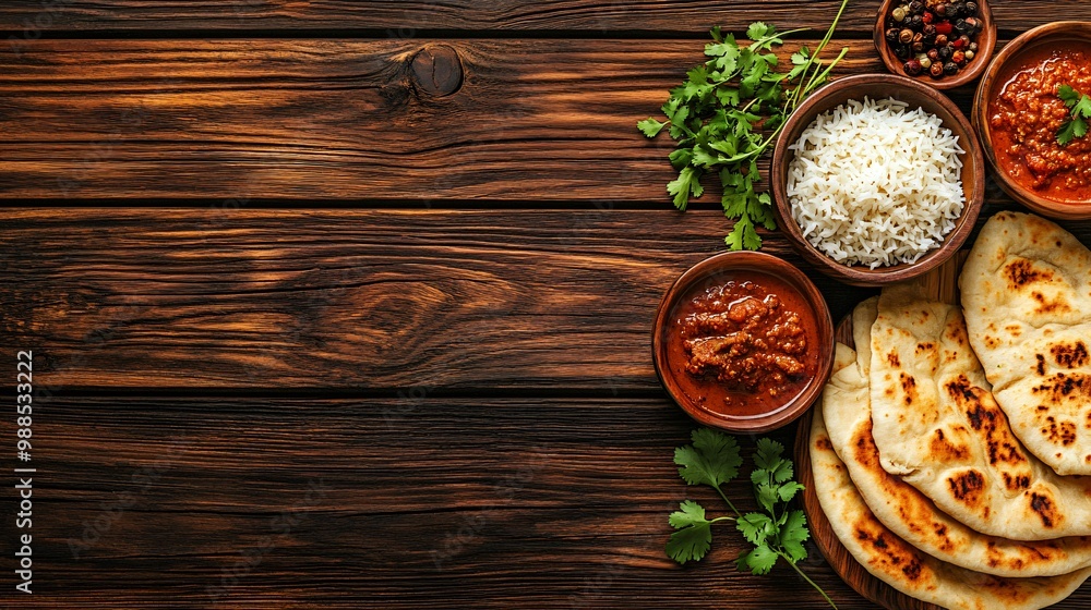 Top view of Indian curry, rice, naan bread and cilantro on a wooden background with copy space. Top view of Indian curry, rice, naan bread and cilantro on a wooden background with copy space.