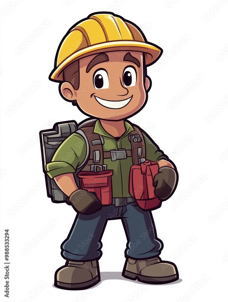 A cartoon illustration of a happy construction worker wearing a yellow hard hat, green shirt, blue jeans, brown boots, and carrying a backpack and tools. A cartoon illustration of a happy construction worker wearing a yellow hard hat, green shirt, blue jeans, brown boots, and carrying a backpack and tools.