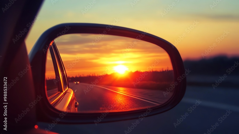 A car side mirror reflecting a sunset over a road. A car side mirror reflecting a sunset over a road.