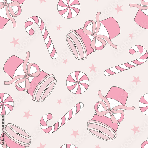 Cute pink coffee Xmas peppermint candy vector seamless pattern. Coquette Christmas background.