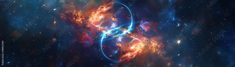 Obraz premium Gemini twin symbols made of glowing holographic light, intertwined and floating in a cosmic galaxy, with swirling stars and nebulae, sharp focus, no blur