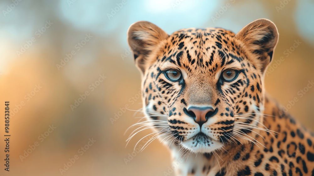 Close-up of a majestic leopard showcasing its beautiful spots and intense gaze in a soft, blurred background. Close-up of a majestic leopard showcasing its beautiful spots and intense gaze in a soft, blurred background.