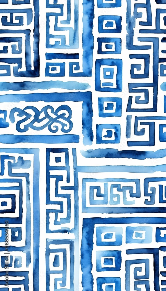 meander watercolor element blue seamless greek stains white hand pattern painted artistic repeatable border key olated illustration colour stylized design strokes brush greek key meander motif roman