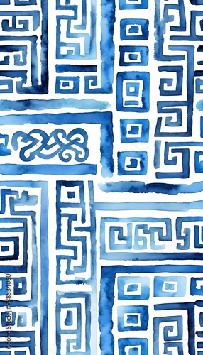 Obraz na płótnie meander watercolor element blue seamless greek stains white hand pattern painted artistic repeatable border key olated illustration colour stylized design strokes brush greek key meander motif roman w salonie