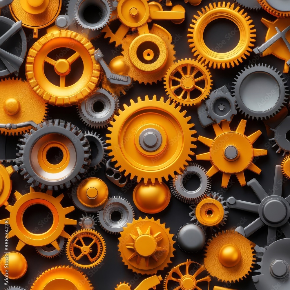 Collection of various gears in orange and gray tones on a dark background. Collection of various gears in orange and gray tones on a dark background.