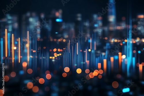 Urban skyline at night with blurred lights and graph line overlay, cityscape representing data analysis