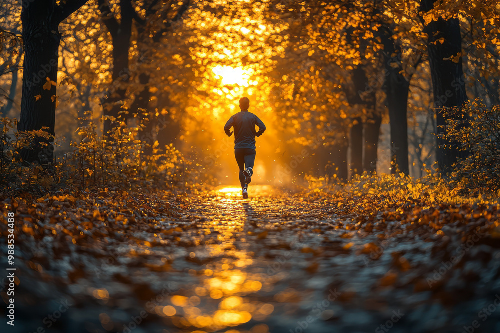 A lone runner sprinting down a scenic park path in the early morning light, A lone runner sprinting down a scenic park path in the early morning light,