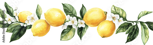 Watercolor painting of a lemon branch with ripe lemons and delicate white flowers. Transparent Background