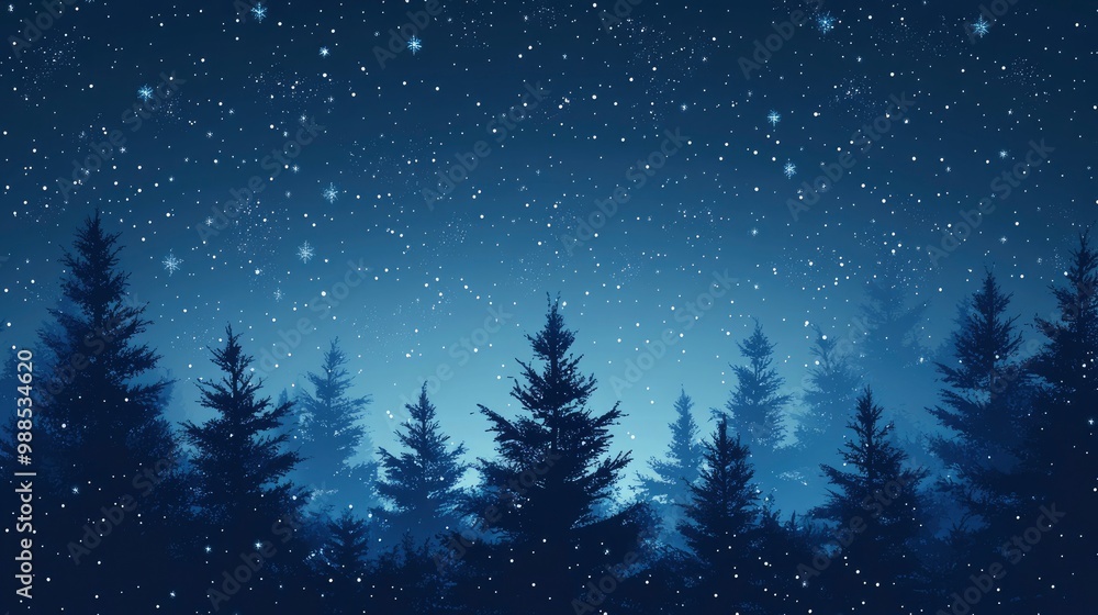 Naklejka premium Christmas Background,Winter Night sky dark blue with starry,snowy in woodland landscape with firs,coniferous forest pine and falling snow,Vector with generative ai