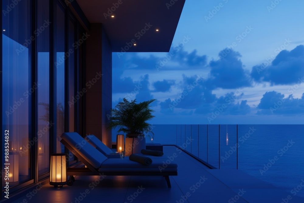 Fototapeta premium A tranquil evening scene featuring a modern terrace by the sea, illuminated by soft lights, promoting relaxation and coastal serenity.