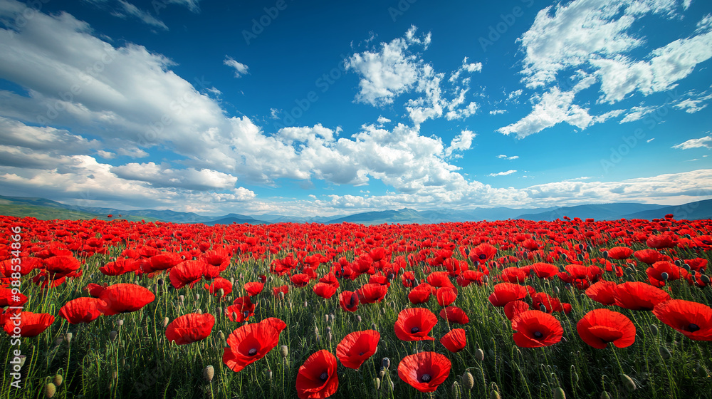 Fototapeta premium nature photography panoramic shot of a field of red poppies against a blue sky, capturing the vibrant blooms and open landscape, creating a serene and picturesque scene