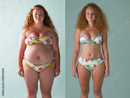 Two women are shown in bikini bottoms, one of whom is overweight