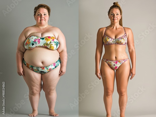 Two women are shown in bikini bottoms, one of whom is overweight photo