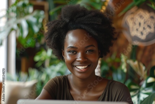 Laptop Video Chat. Smiling Young African Woman on Video Call in Cyberspace